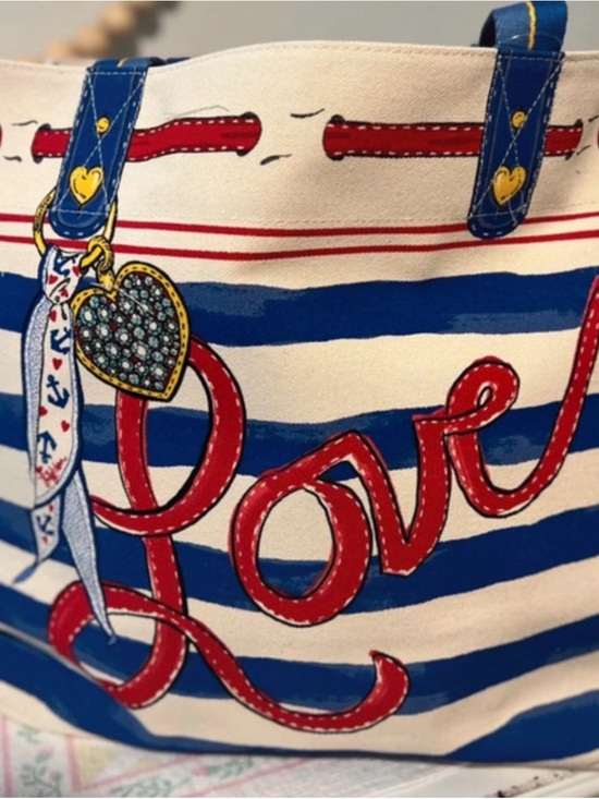 Brighton Handbags - Brighton Blue & Red Striped Canvas Tote with 'Love' Script